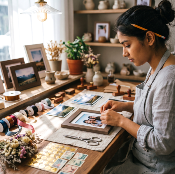 Artisan crafting personalized photo gifts at A Perfect Gifter workshop in Sheoganj